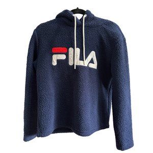 Fila women’s size S cropped navy blue fleece large embroidered logo hoodie